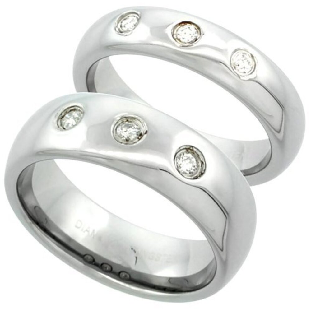 2-Ring Set 5 & 7 mm Tungsten Diamond Wedding Ring Domed 3 Stone Polished